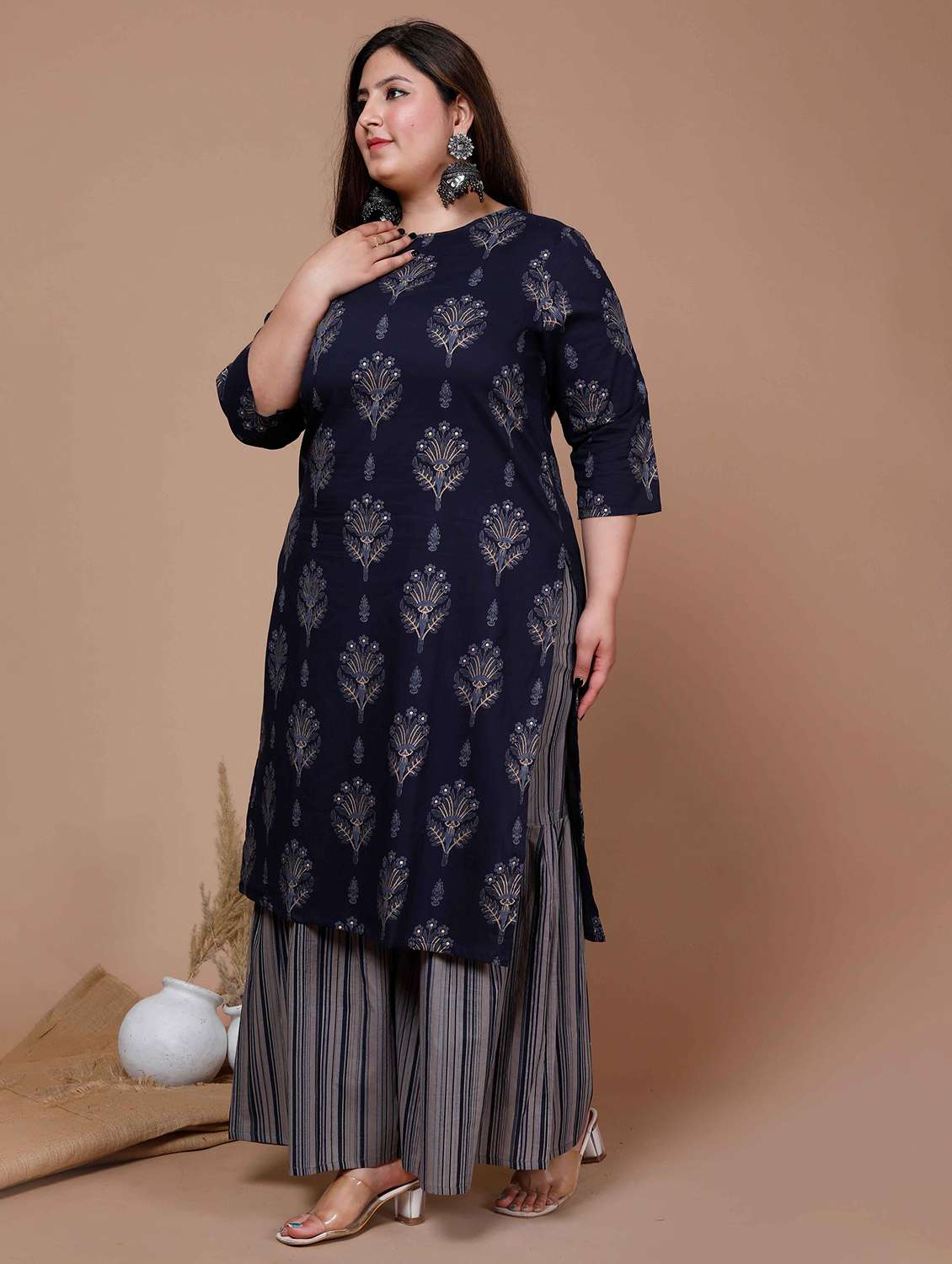 women plus size printed three quarter sleeve kurta sharara set - 22285644 -  Standard Image - 2