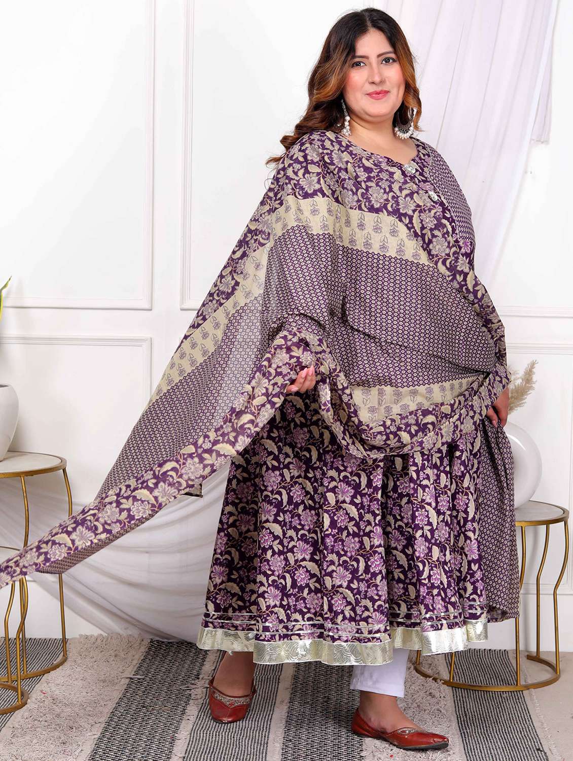 women plus size floral three quarter sleeve kurta with dupatta set - 22285648 -  Standard Image - 2