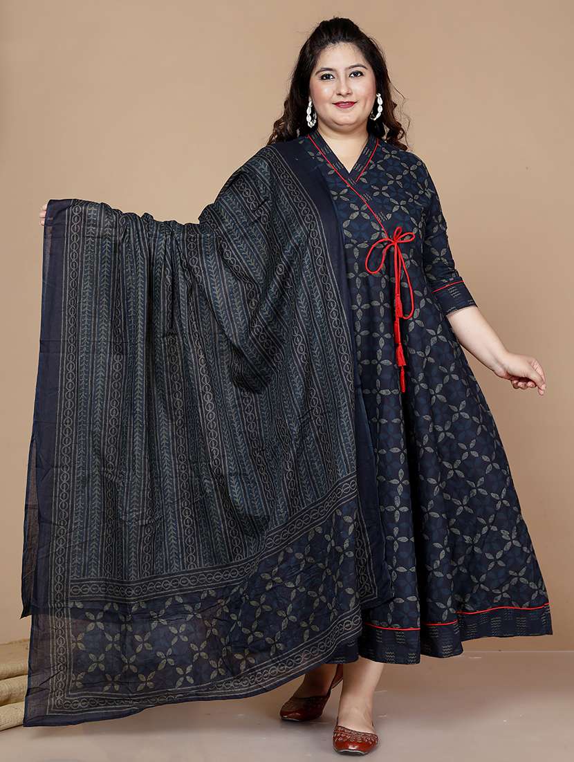 women plus size printed three quarter sleeve kurta with dupatta set - 22285656 -  Standard Image - 2