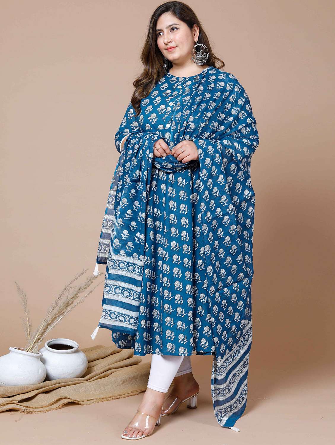 women plus size floral three quarter sleeve kurta with dupatta set - 22285661 -  Standard Image - 2