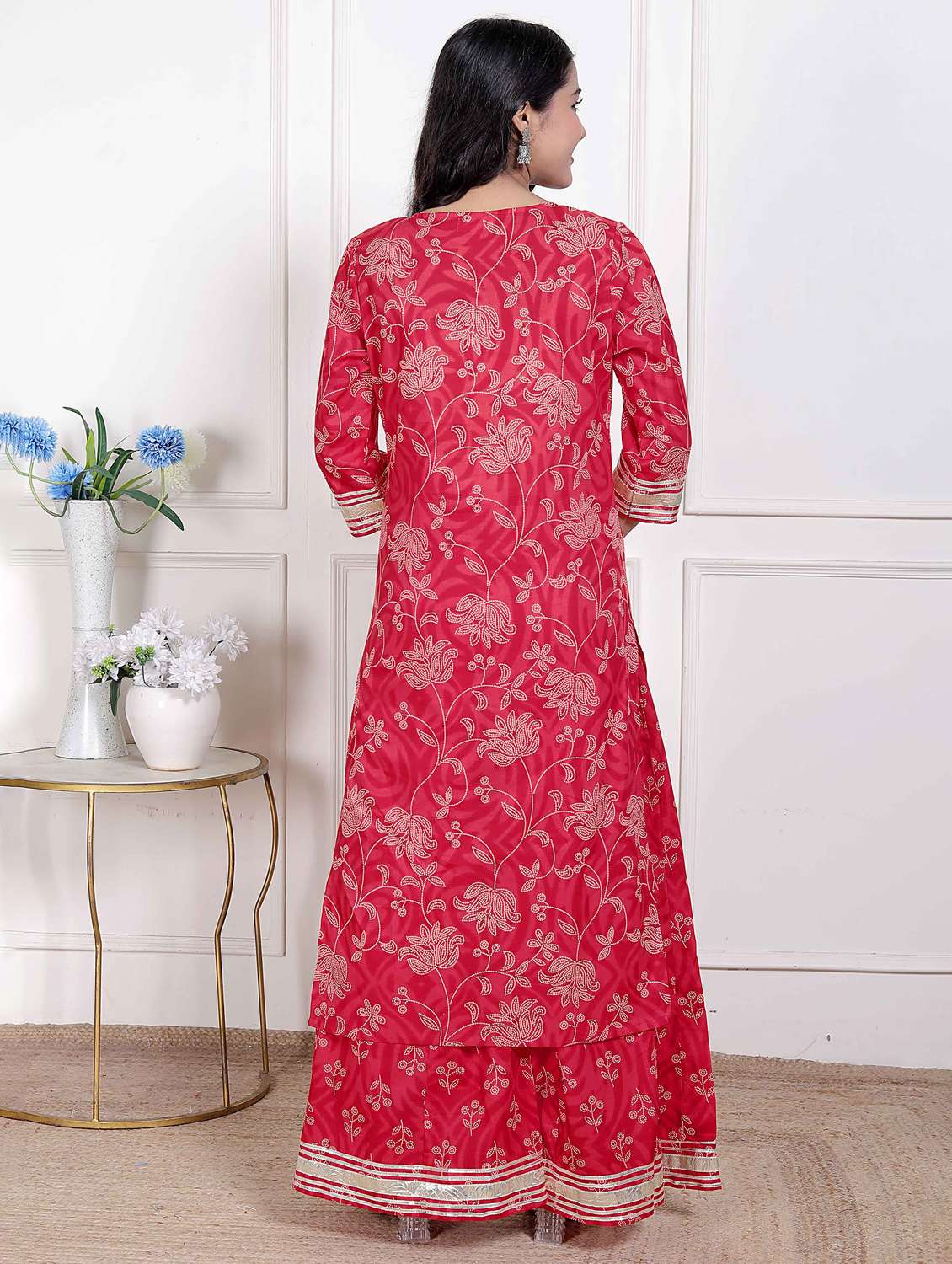 women floral three quarter sleeve kurta palazzo set - 22285666 -  Standard Image - 2