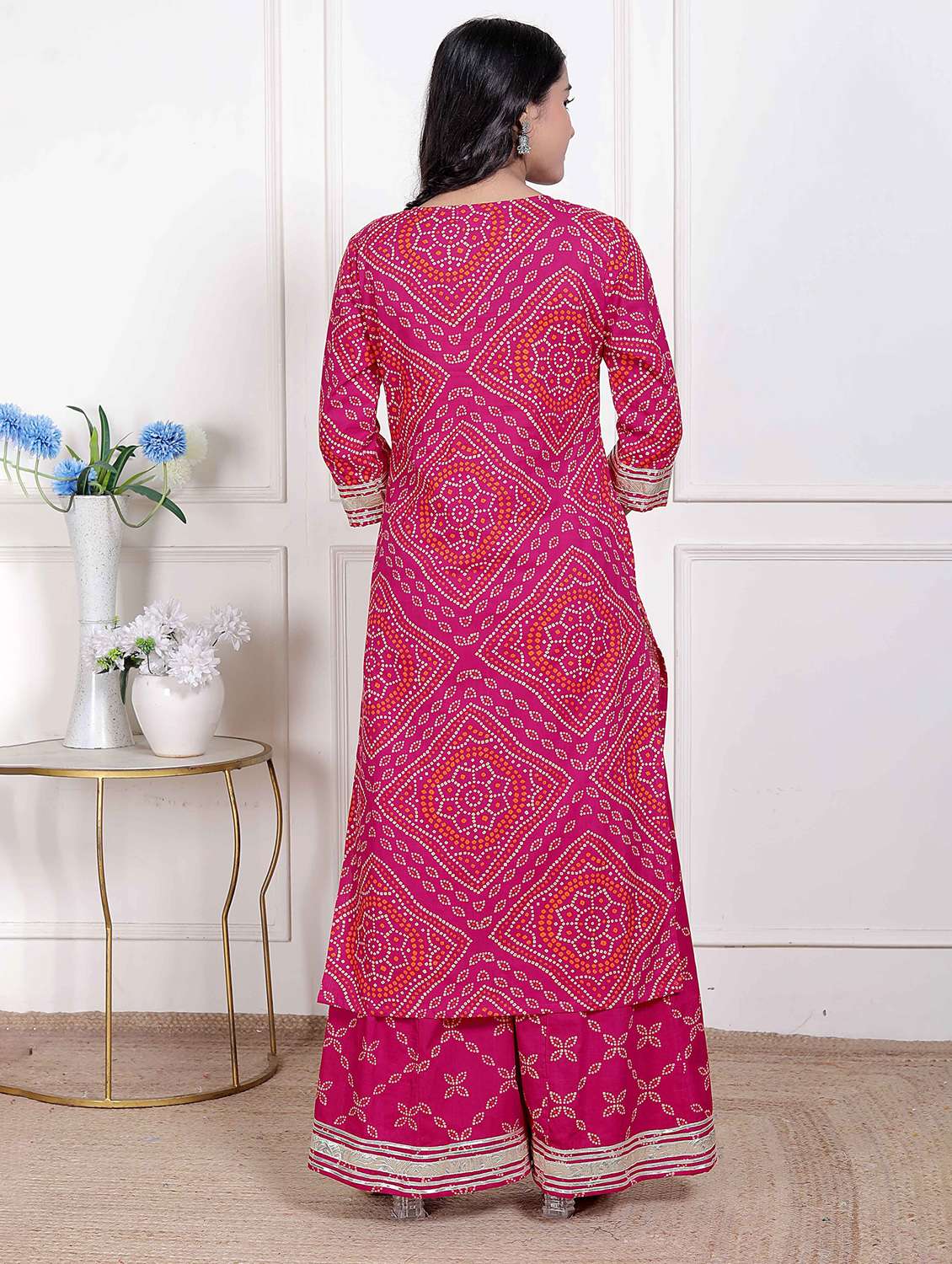 women bandhani three quarter sleeve kurta palazzo set - 22285668 -  Standard Image - 2