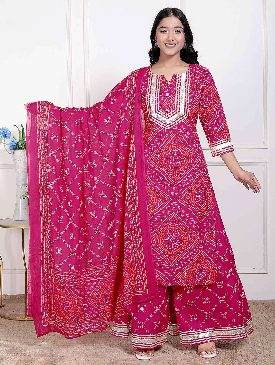 women bandhani three quarter sleeve kurta palazzo with dupatta set