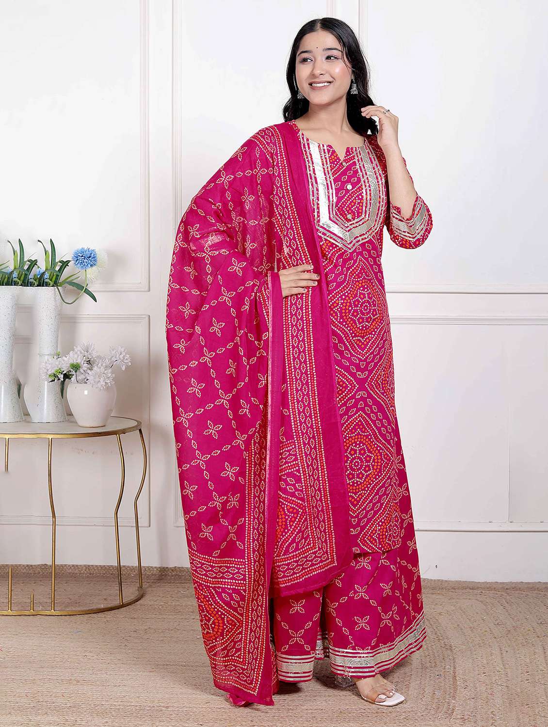 women bandhani three quarter sleeve kurta palazzo with dupatta set - 22285674 -  Standard Image - 2