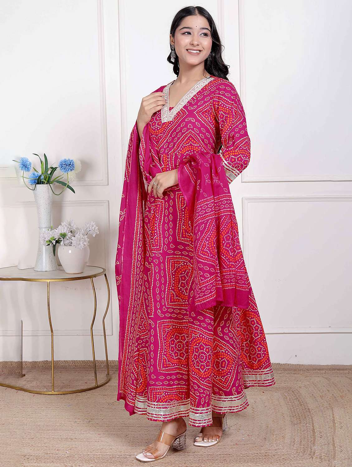 women bandhani three quarter sleeve kurta with dupatta set - 22285681 -  Standard Image - 2