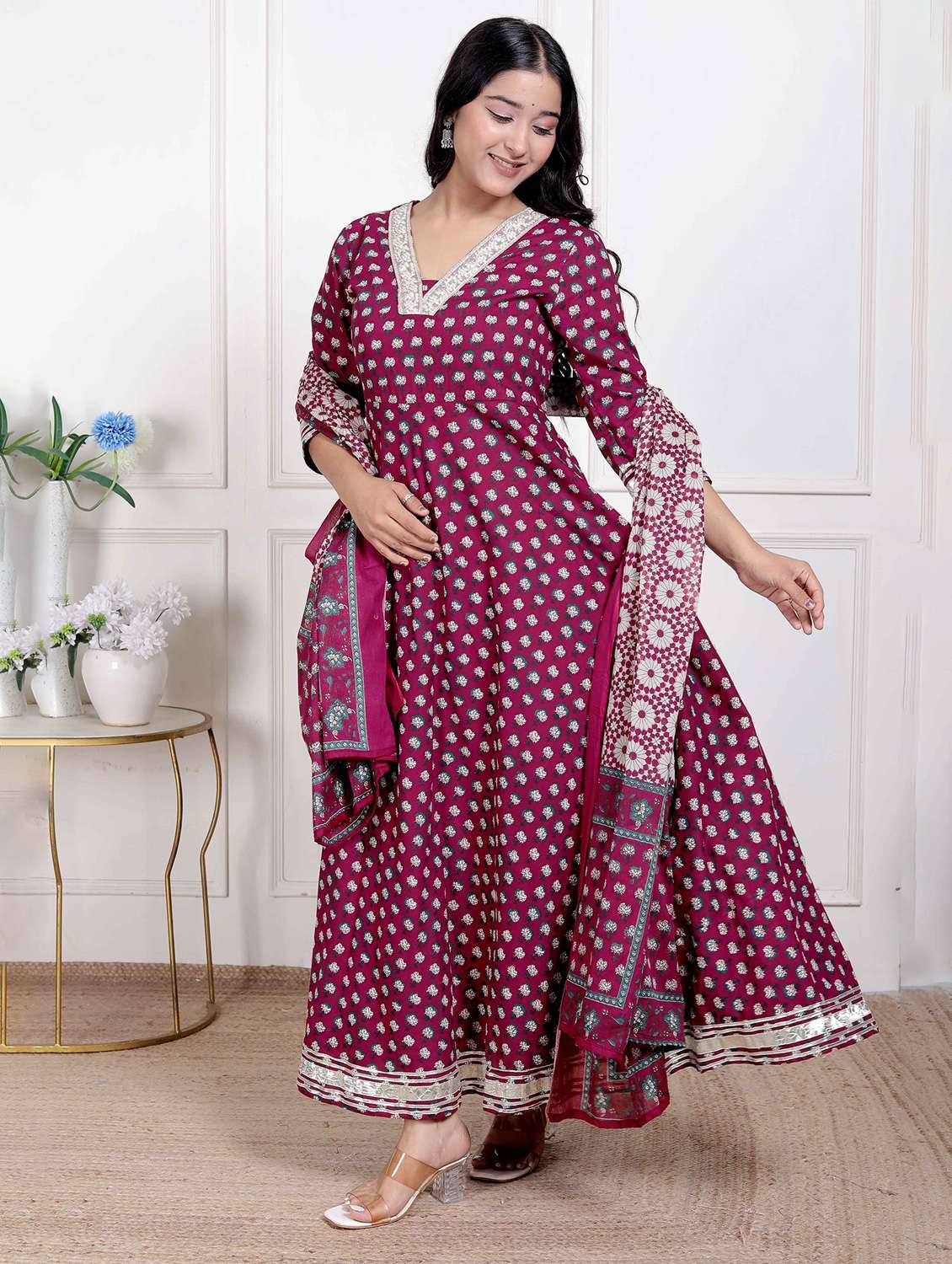 Women Floral Three Quarter Sleeve Kurta With Dupatta Set - 22285683 -  Standard Image - 2