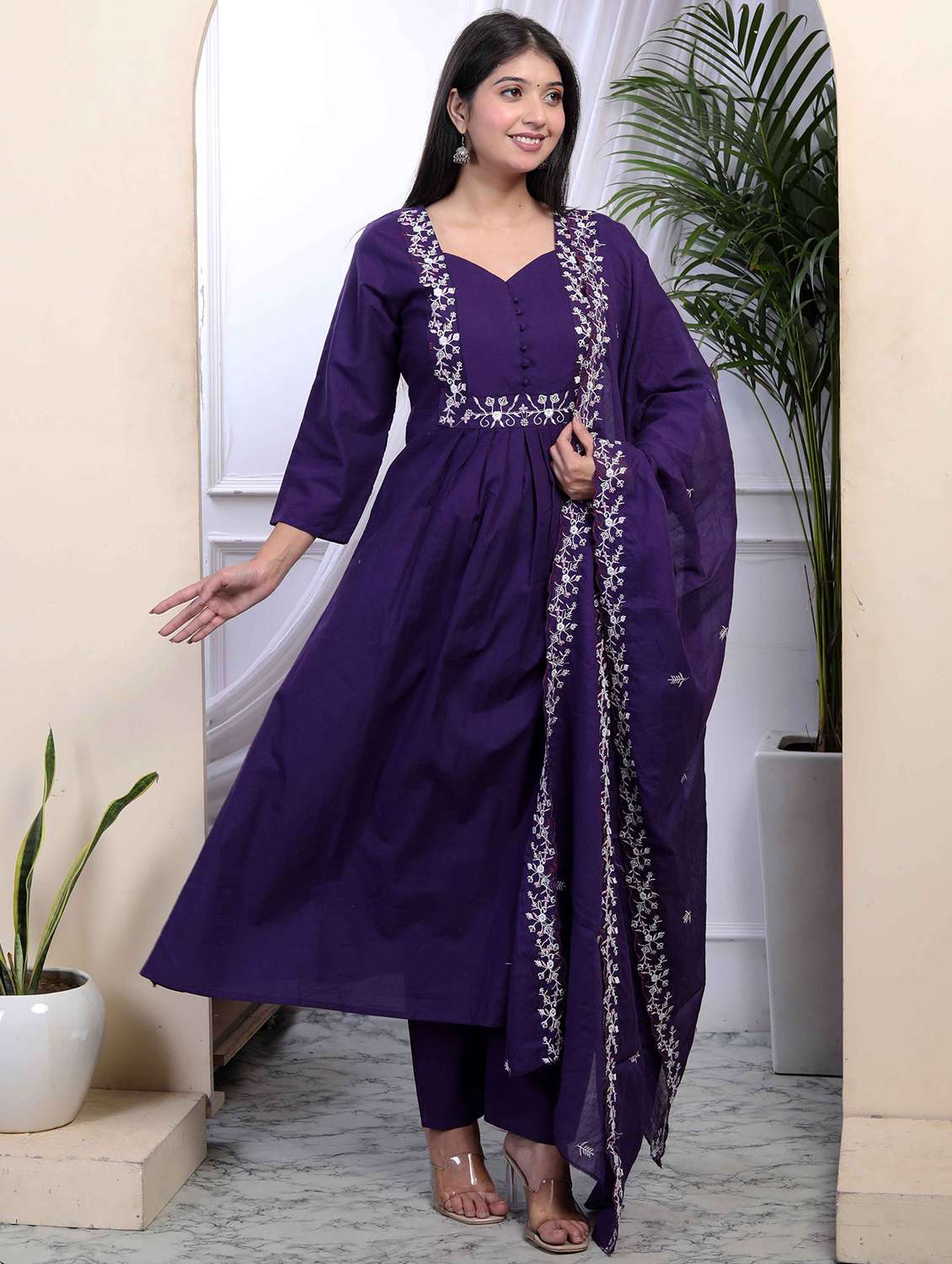 women solid with work three quarter sleeve kurta pant with dupatta set - 22285691 -  Standard Image - 2