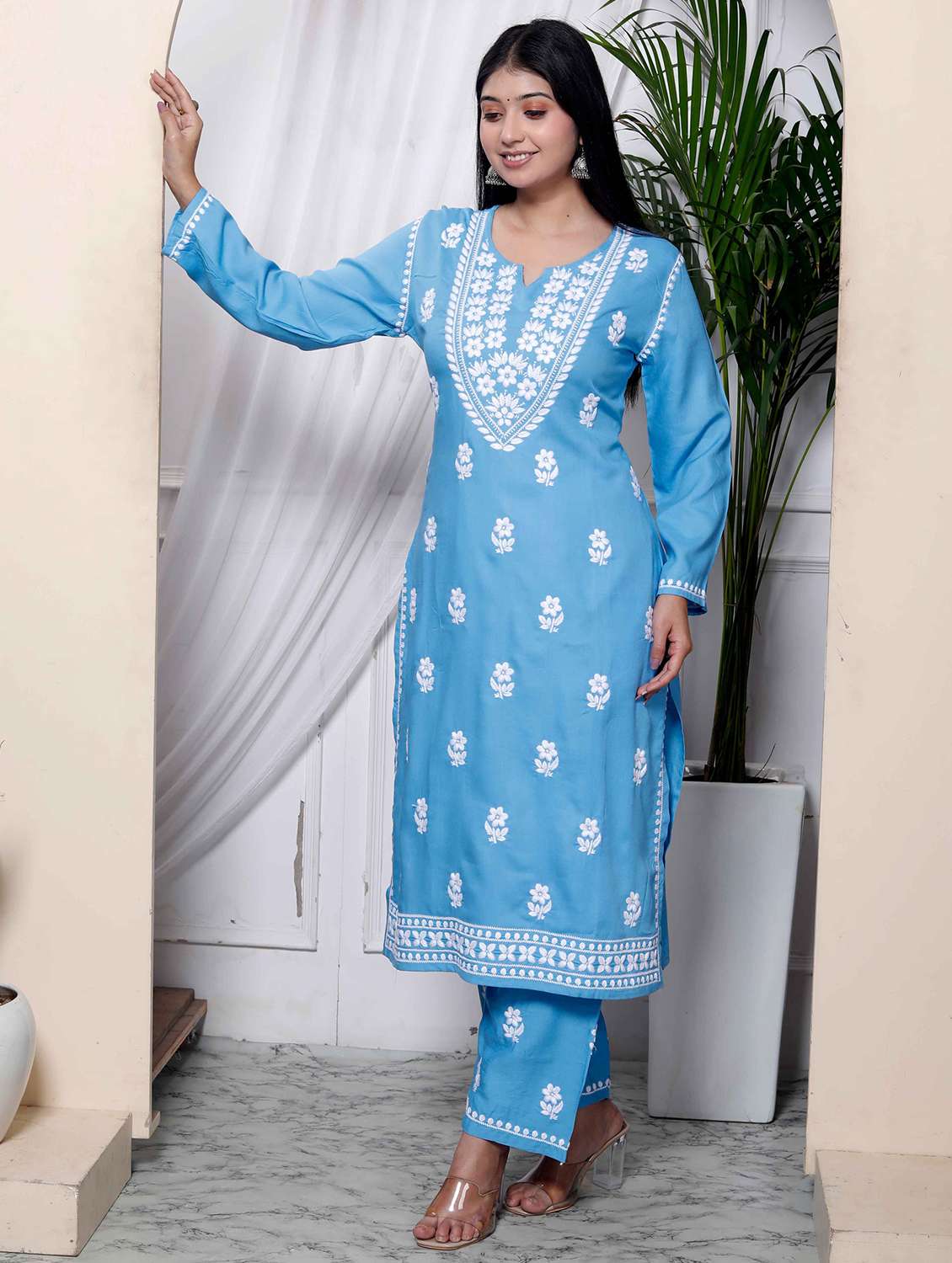 women solid with work long sleeve kurta pant set - 22285693 -  Standard Image - 2