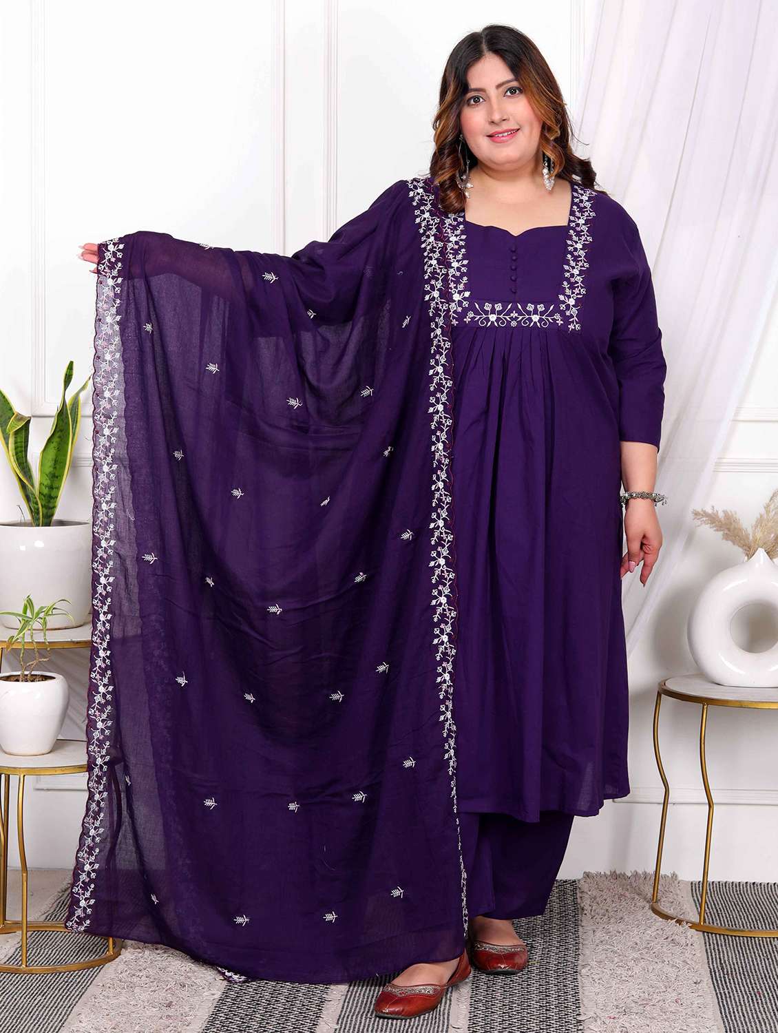 women plus size solid with work three quarter sleeve kurta pant with dupatta