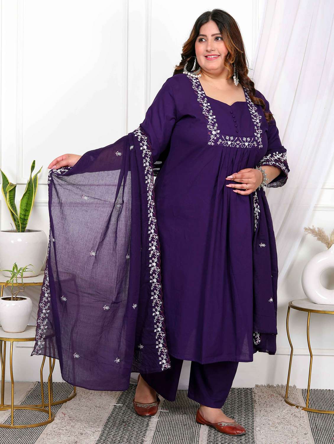 women plus size solid with work three quarter sleeve kurta pant with dupatta - 22285699 -  Standard Image - 2