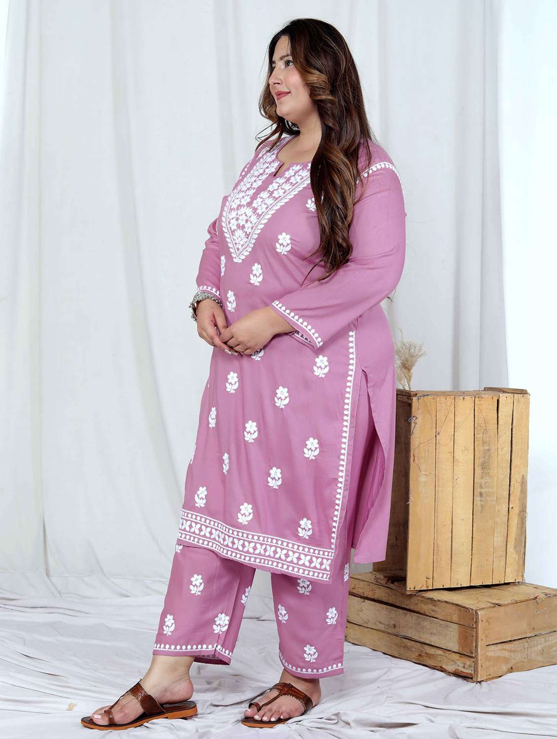 women plus size solid with work long sleeve kurta pant set - 22285700 -  Standard Image - 2