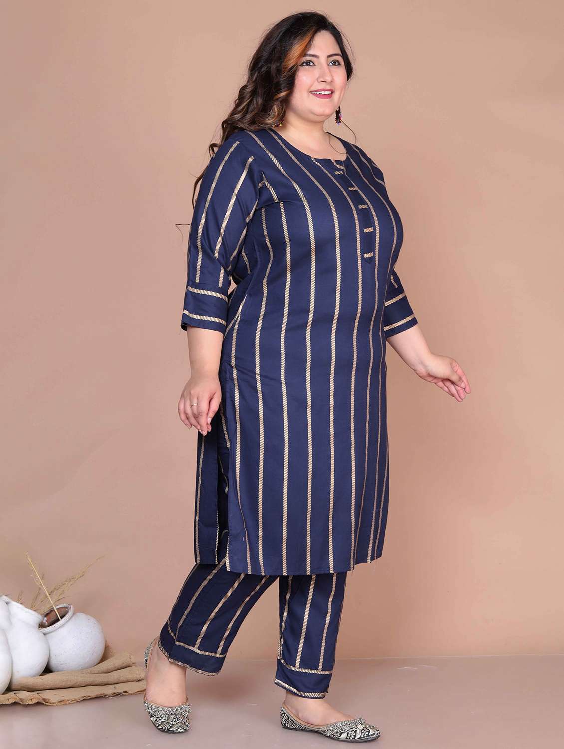 women plus size striped three quarter sleeve kurta pant set - 22285701 -  Standard Image - 2