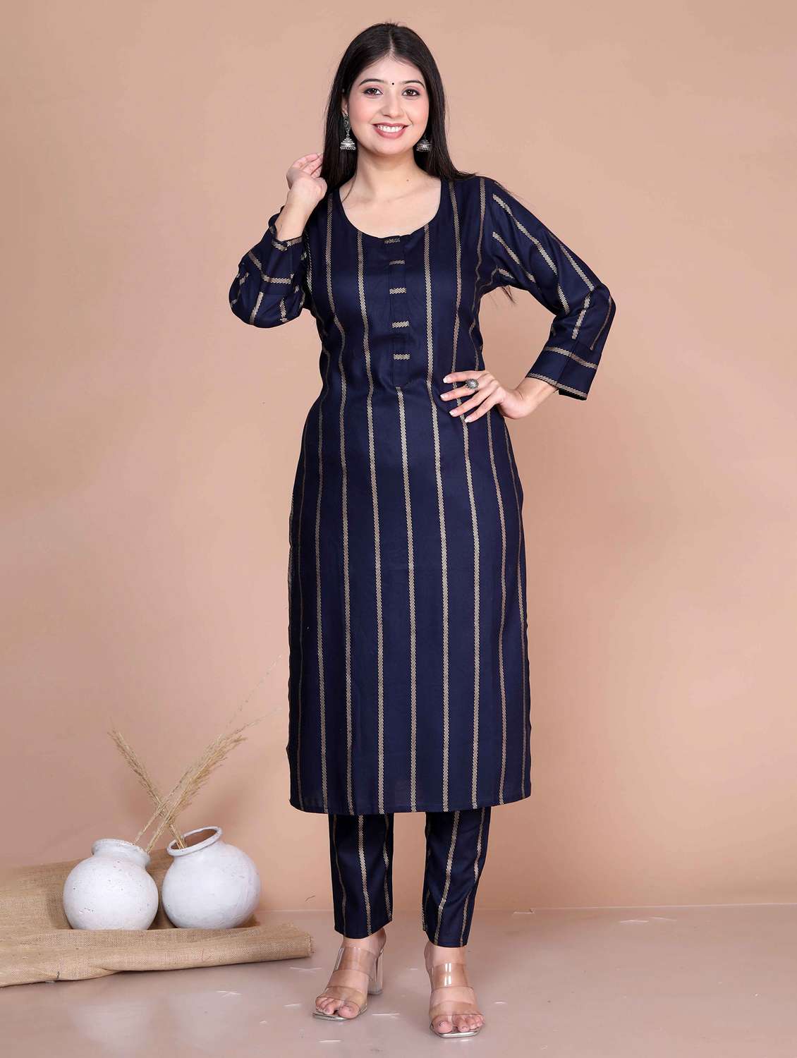 women striped three quarter sleeve kurta pant set