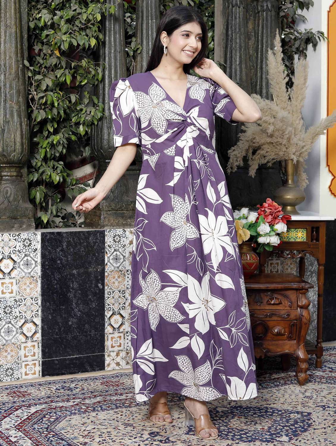 women printed puff sleeve a-line dress - 22285715 -  Standard Image - 2
