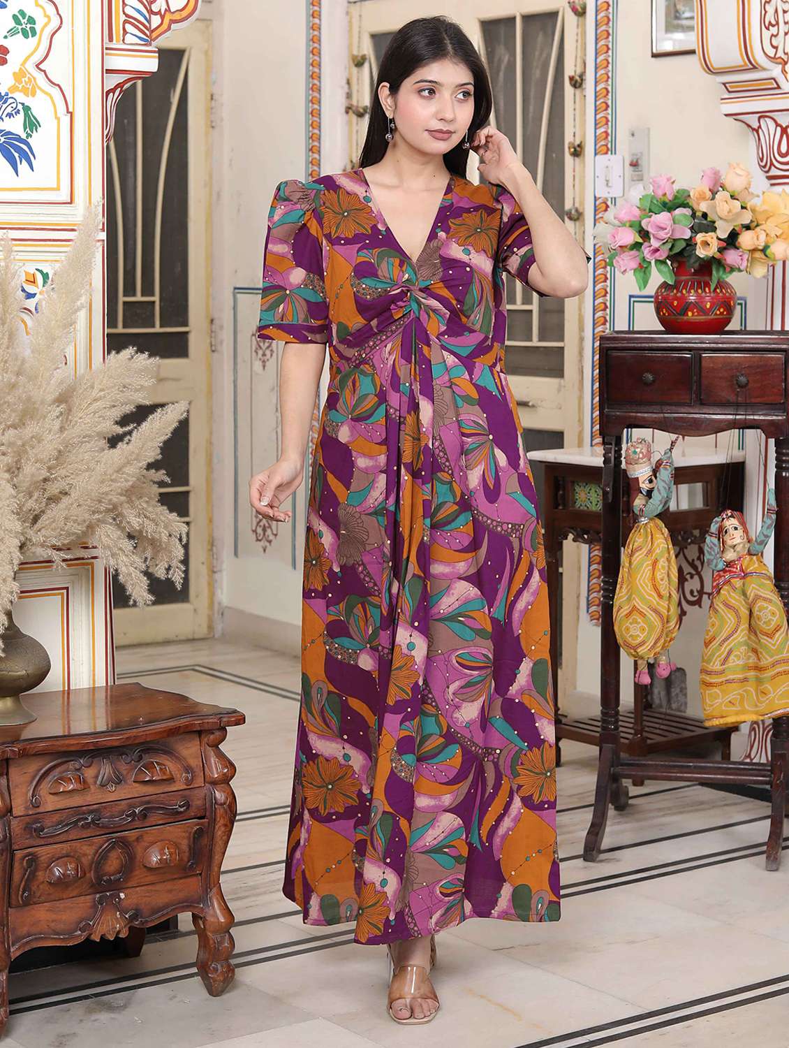 women printed puff sleeve a-line dress - 22285719 -  Standard Image - 2