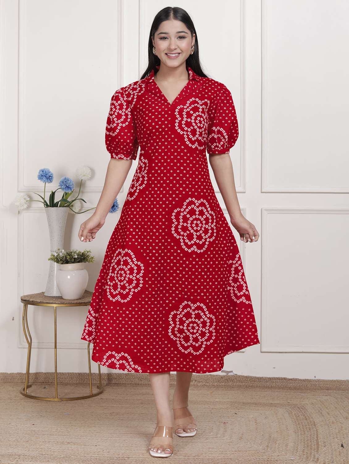 women printed puff sleeve a-line dress