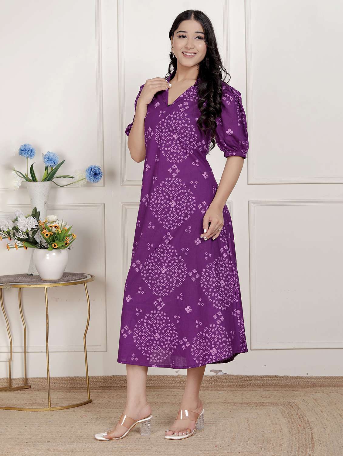 women printed puff sleeve a-line dress - 22285722 -  Standard Image - 2