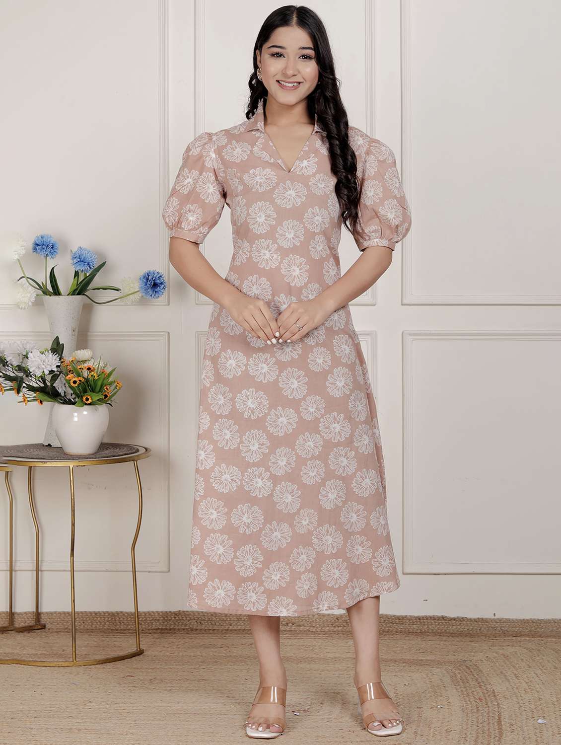 women printed puff sleeve a-line dress