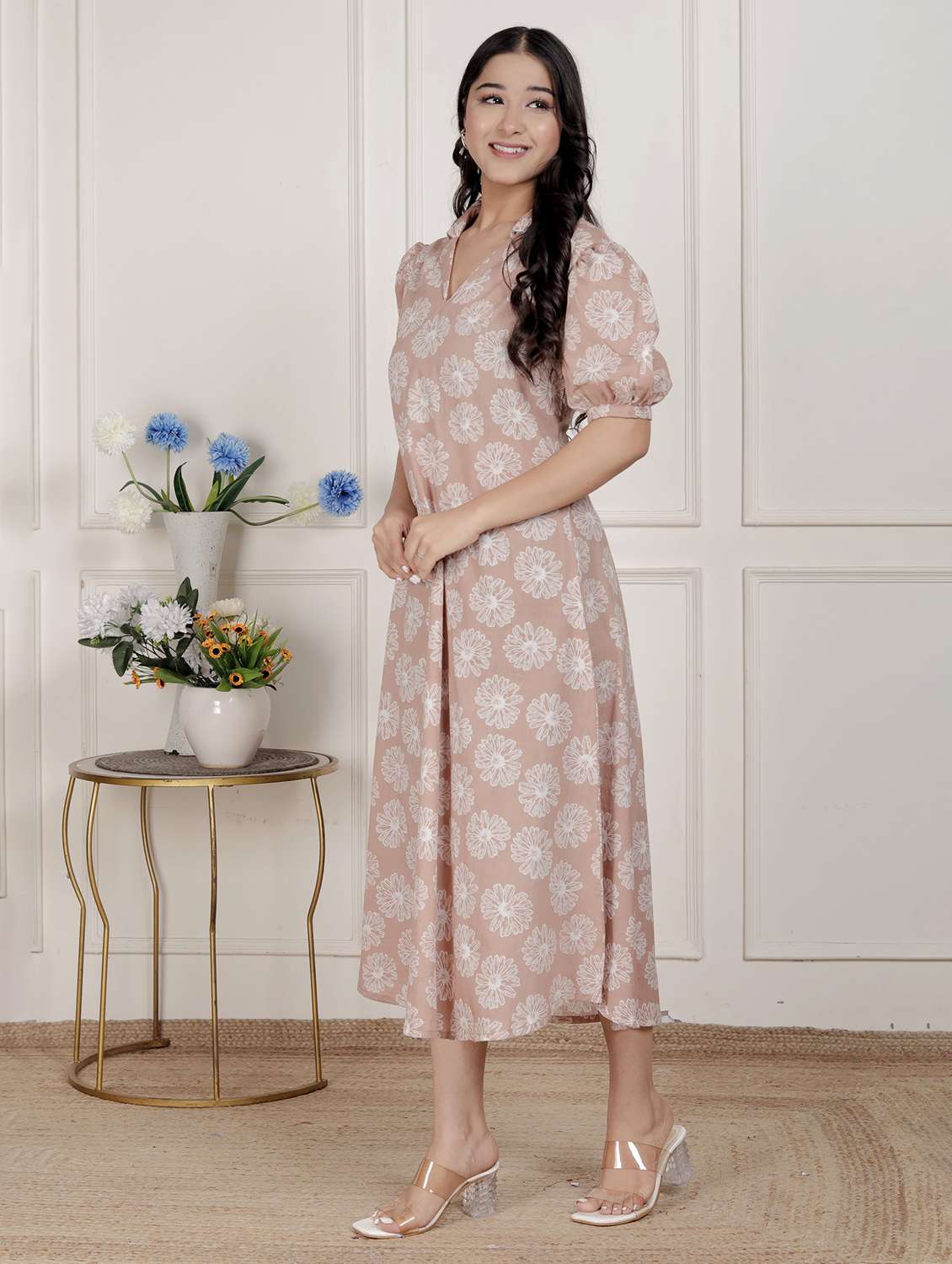 women printed puff sleeve a-line dress - 22285726 -  Standard Image - 2