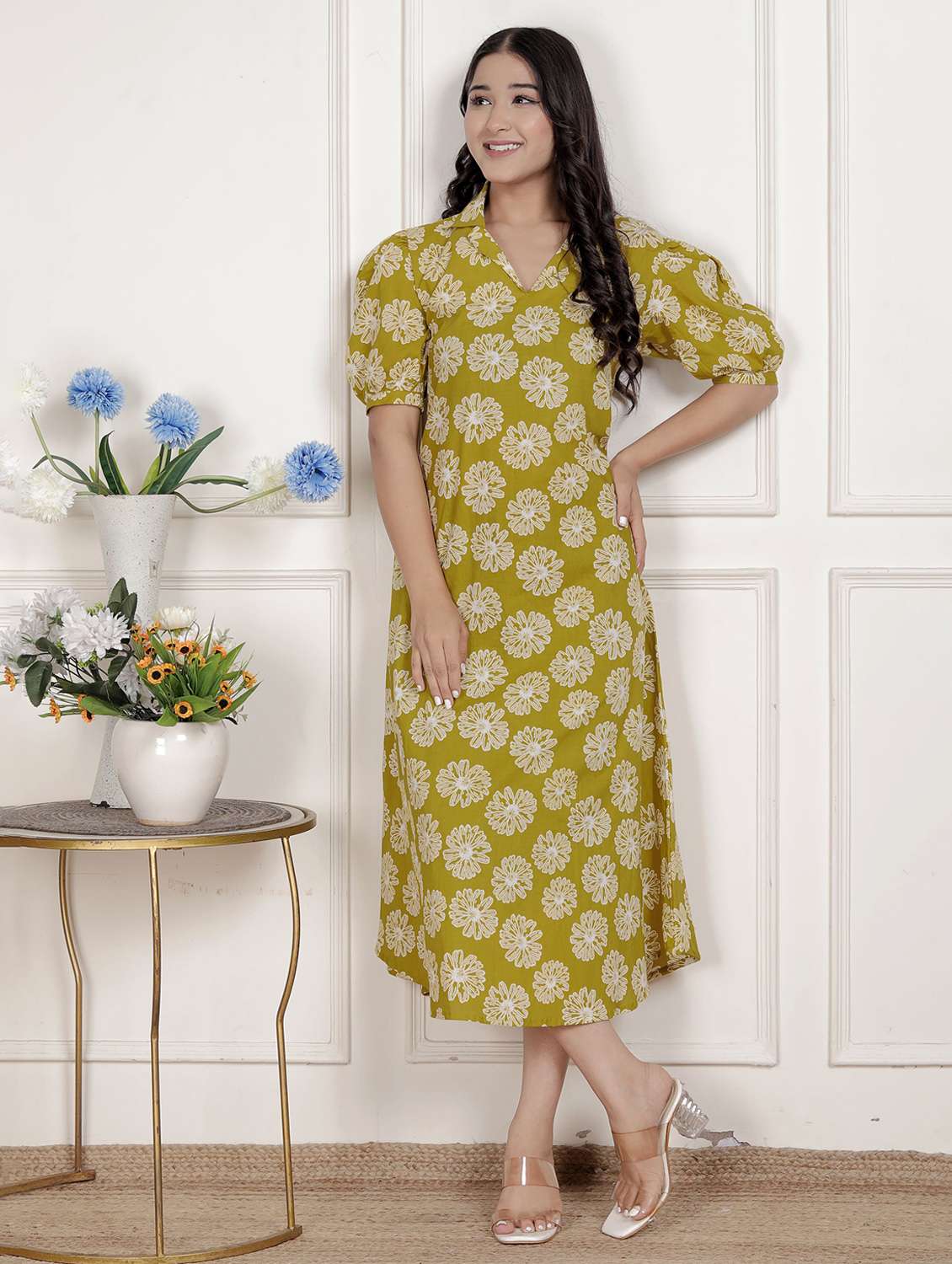 women printed puff sleeve a-line dress - 22285731 -  Standard Image - 2