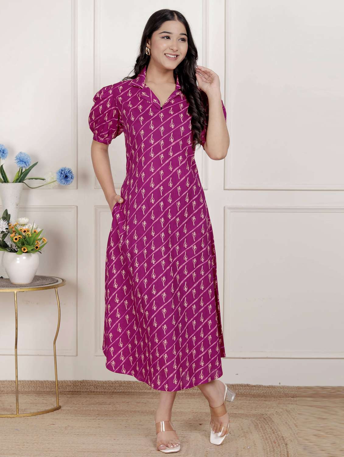 women printed puff sleeve a-line dress - 22285733 -  Standard Image - 2