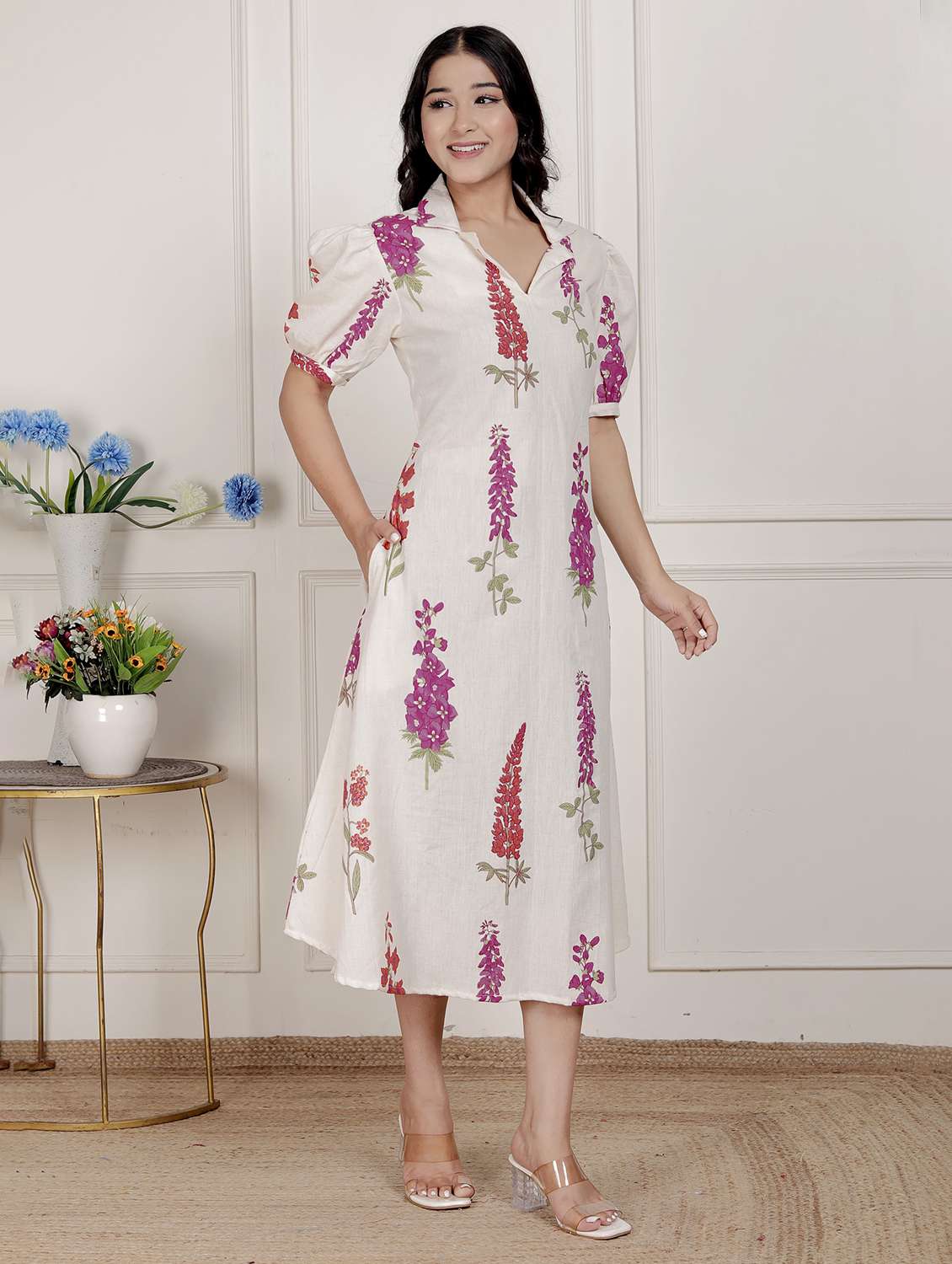 women printed puff sleeve a-line dress - 22285735 -  Standard Image - 2