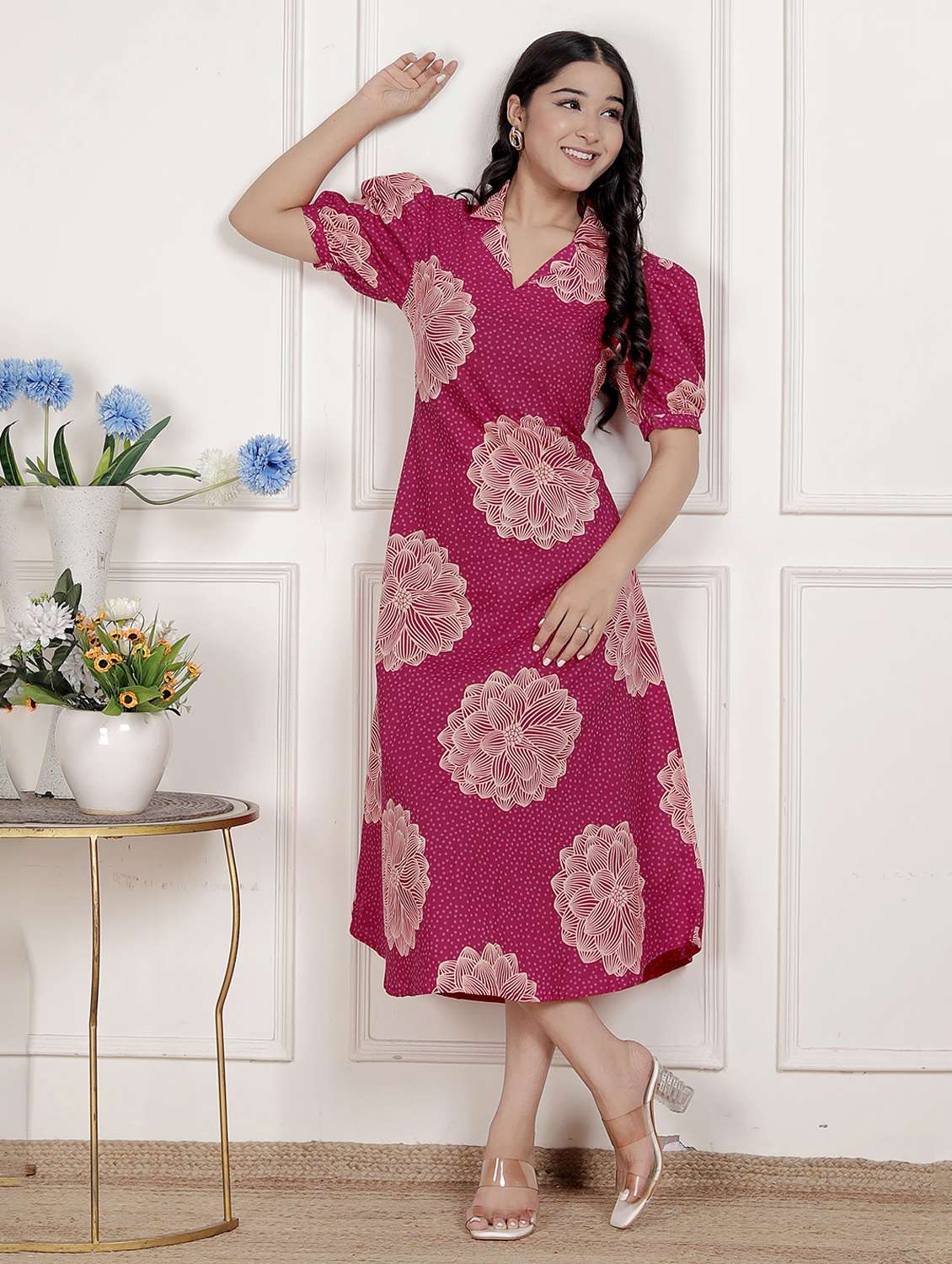 women printed puff sleeve a-line dress