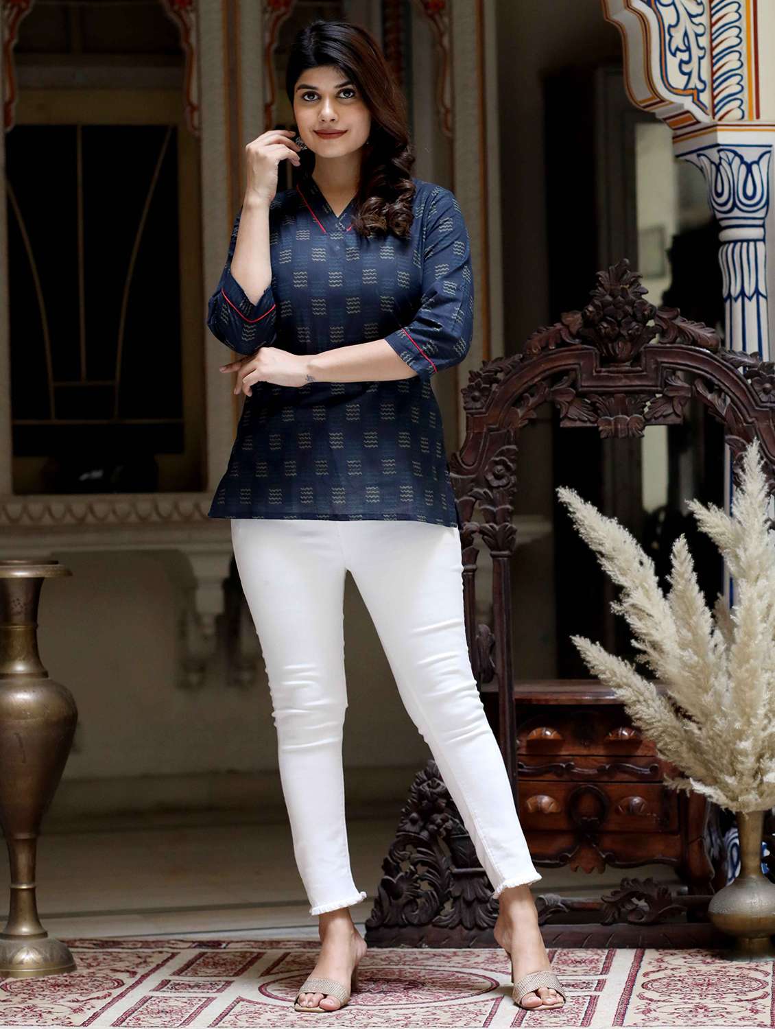 women printed three quarter sleeve straight kurti