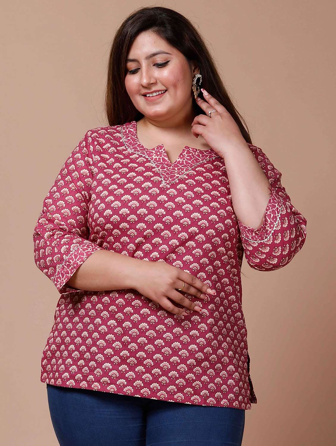 women printed three quarter sleeve straight kurti