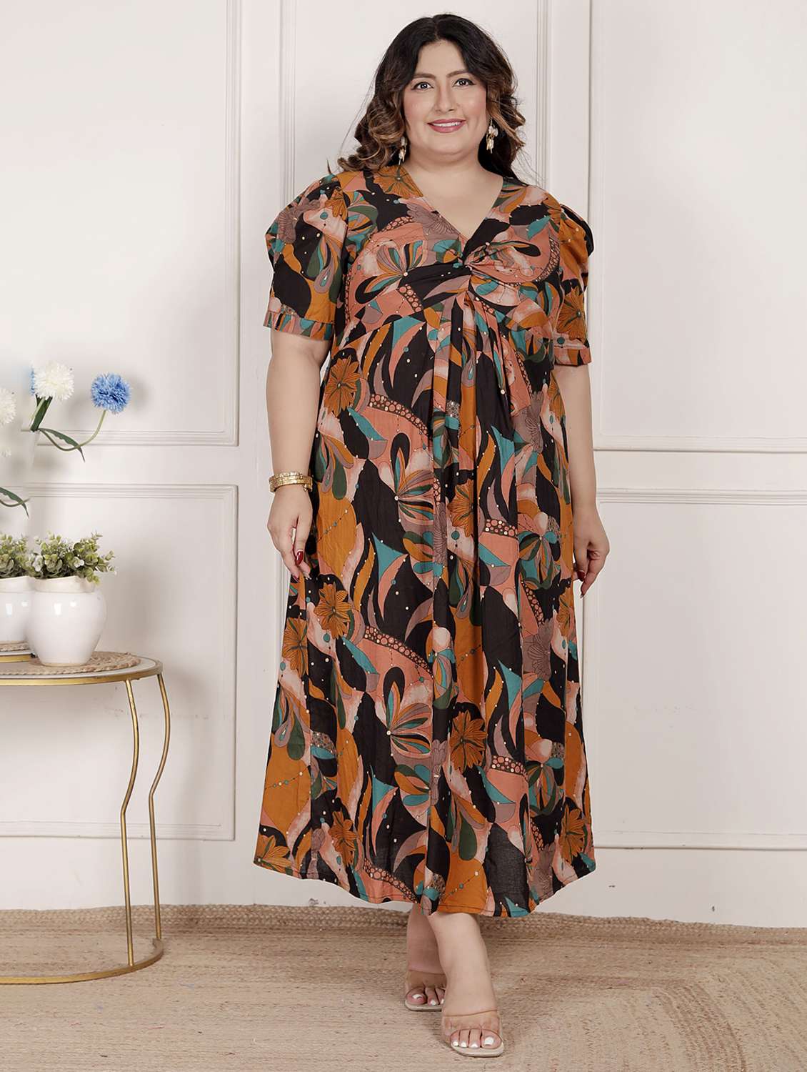 women printed puff sleeve a-line dress