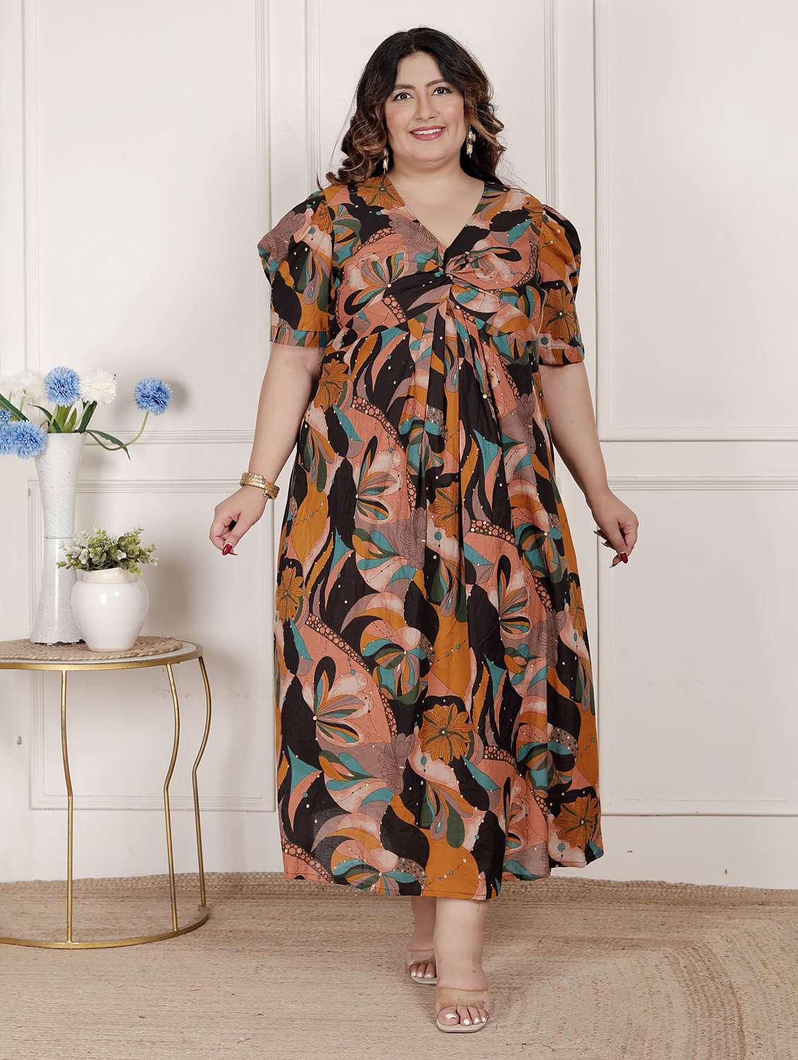 women printed puff sleeve a-line dress - 22285749 -  Standard Image - 2