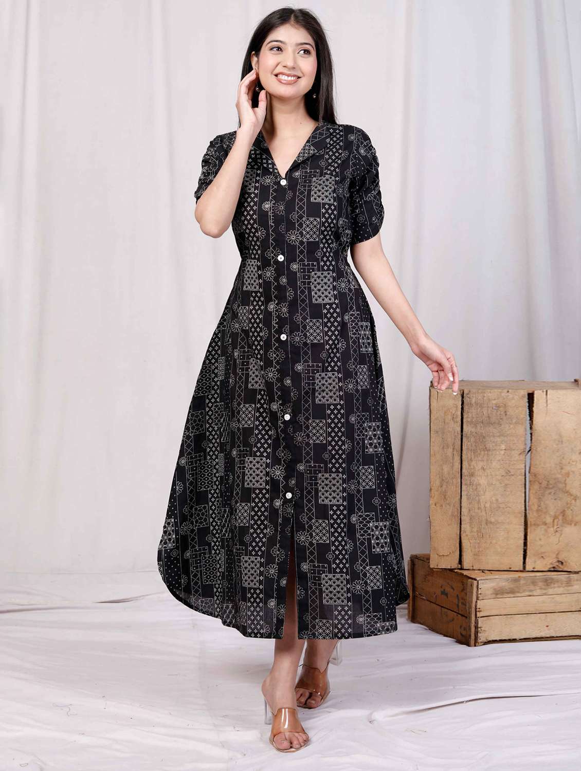 women printed puff sleeve a-line dress - 22285753 -  Standard Image - 2
