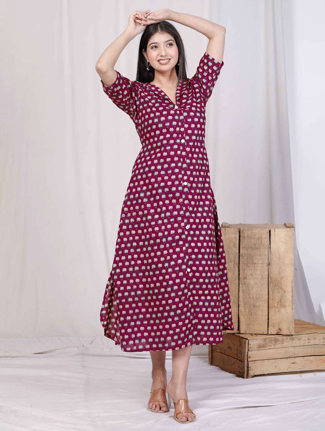 women printed puff sleeve a-line dress - 22285758 -  Standard Image - 2