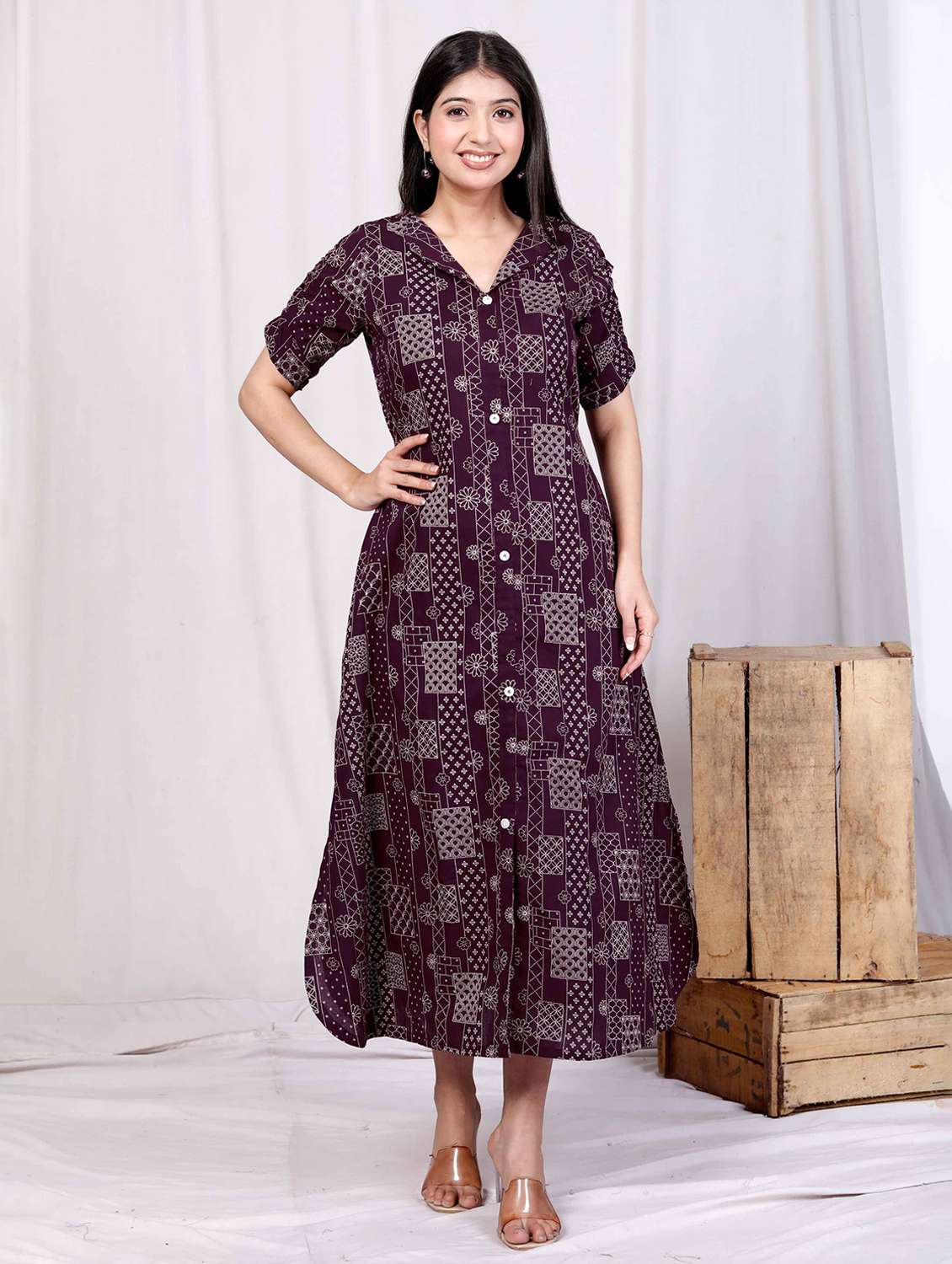 women printed puff sleeve a-line dress