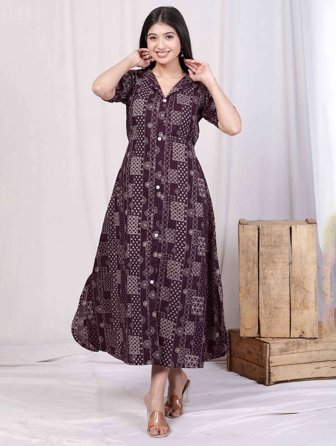women printed puff sleeve a-line dress - 22285763 -  Standard Image - 2