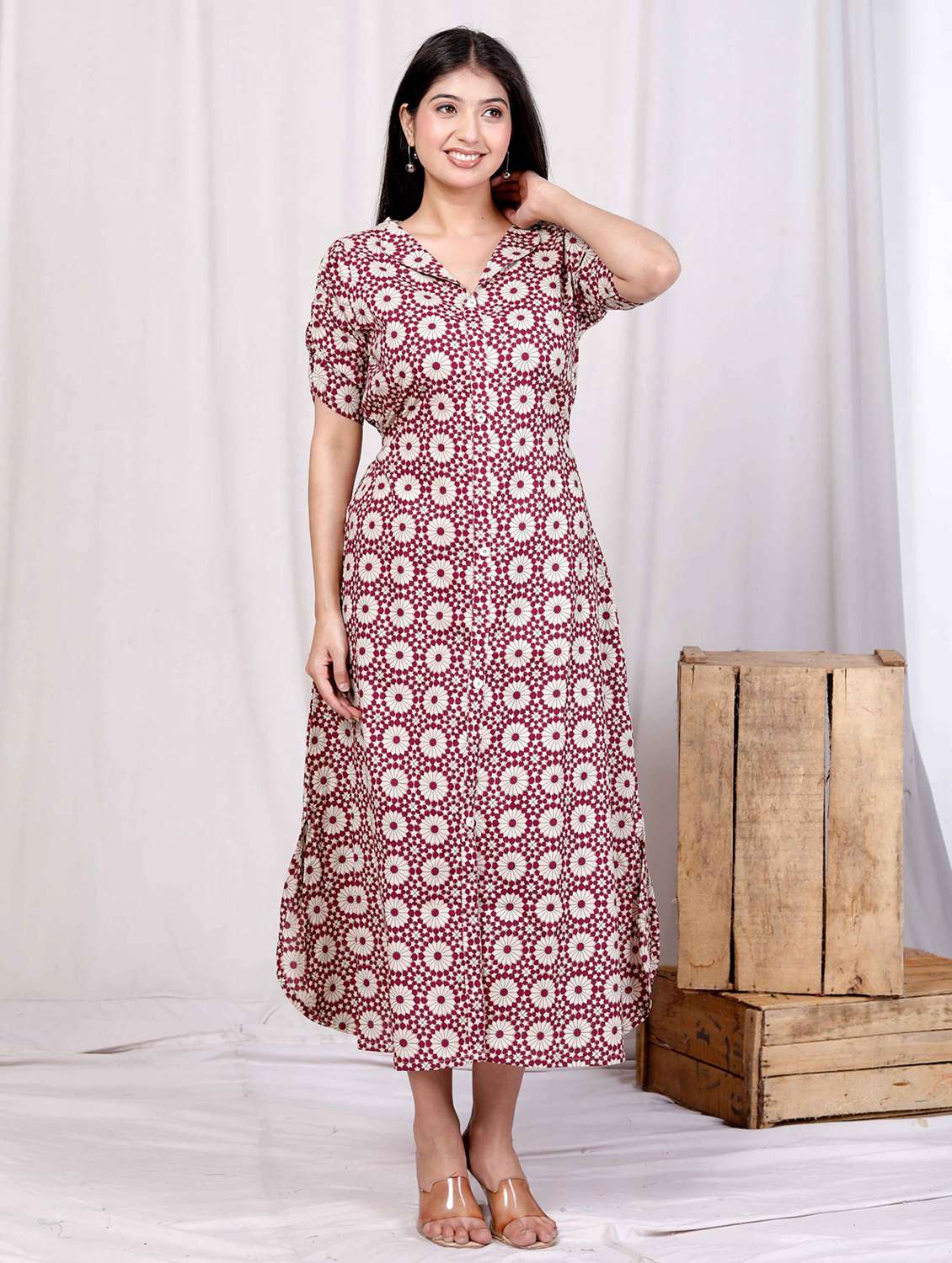 women printed puff sleeve a-line dress - 22285765 -  Standard Image - 2