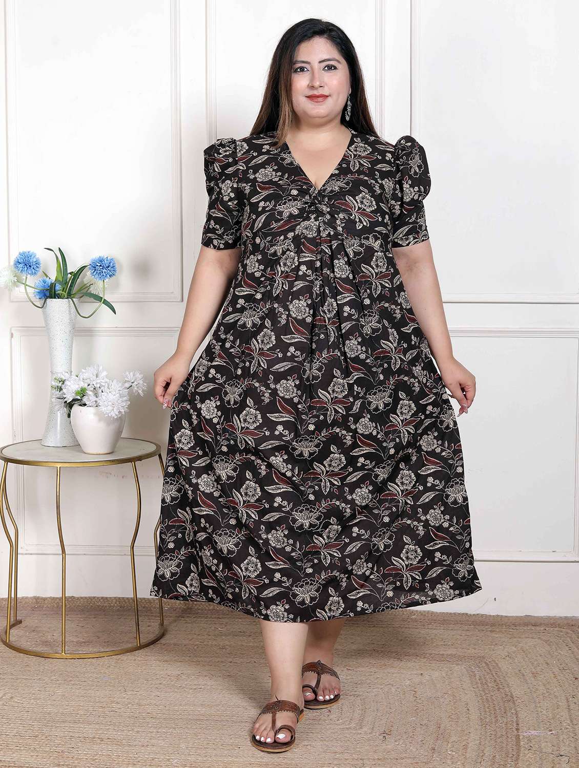 women printed puff sleeve a-line dress