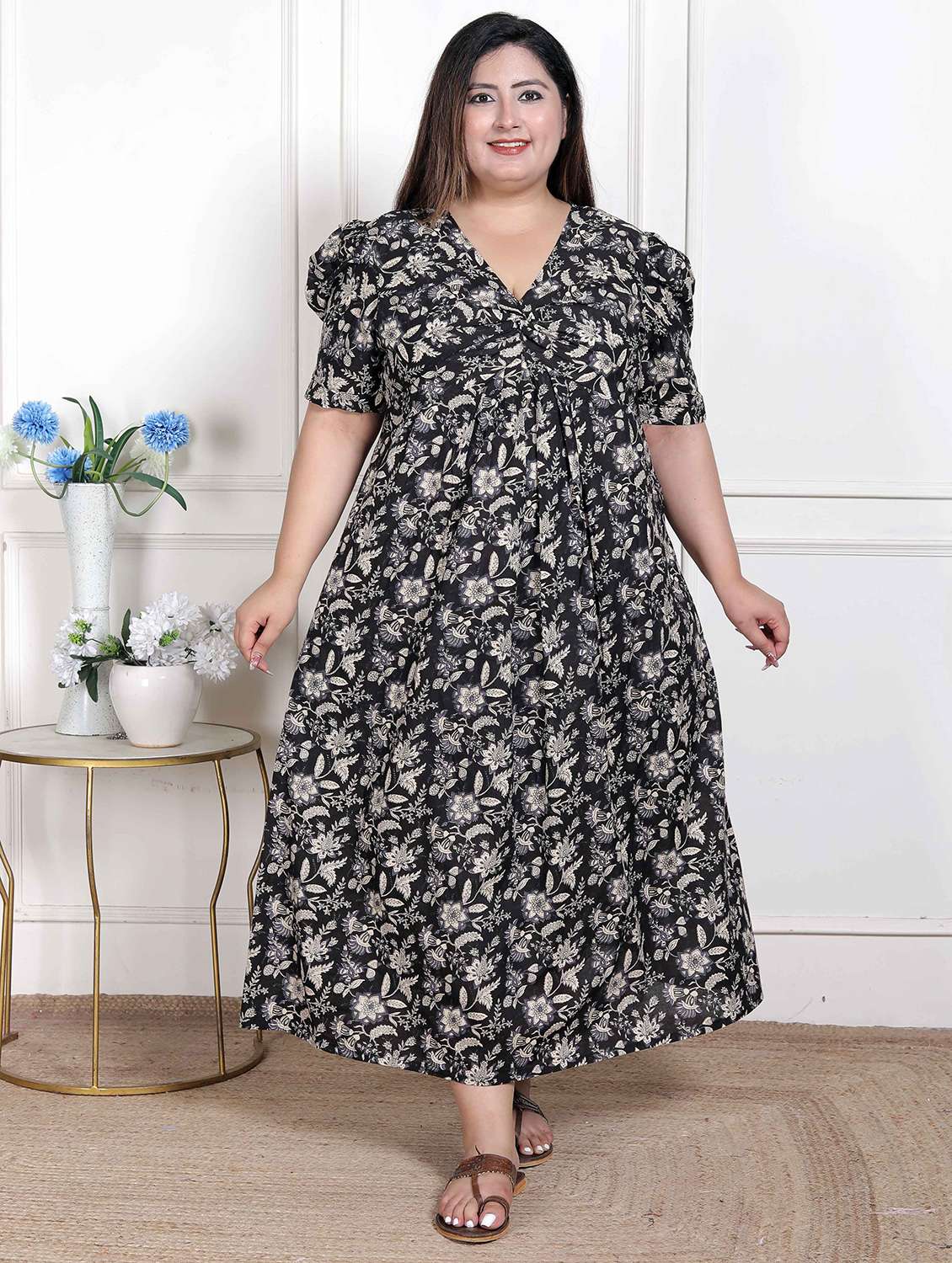 women printed puff sleeve a-line dress