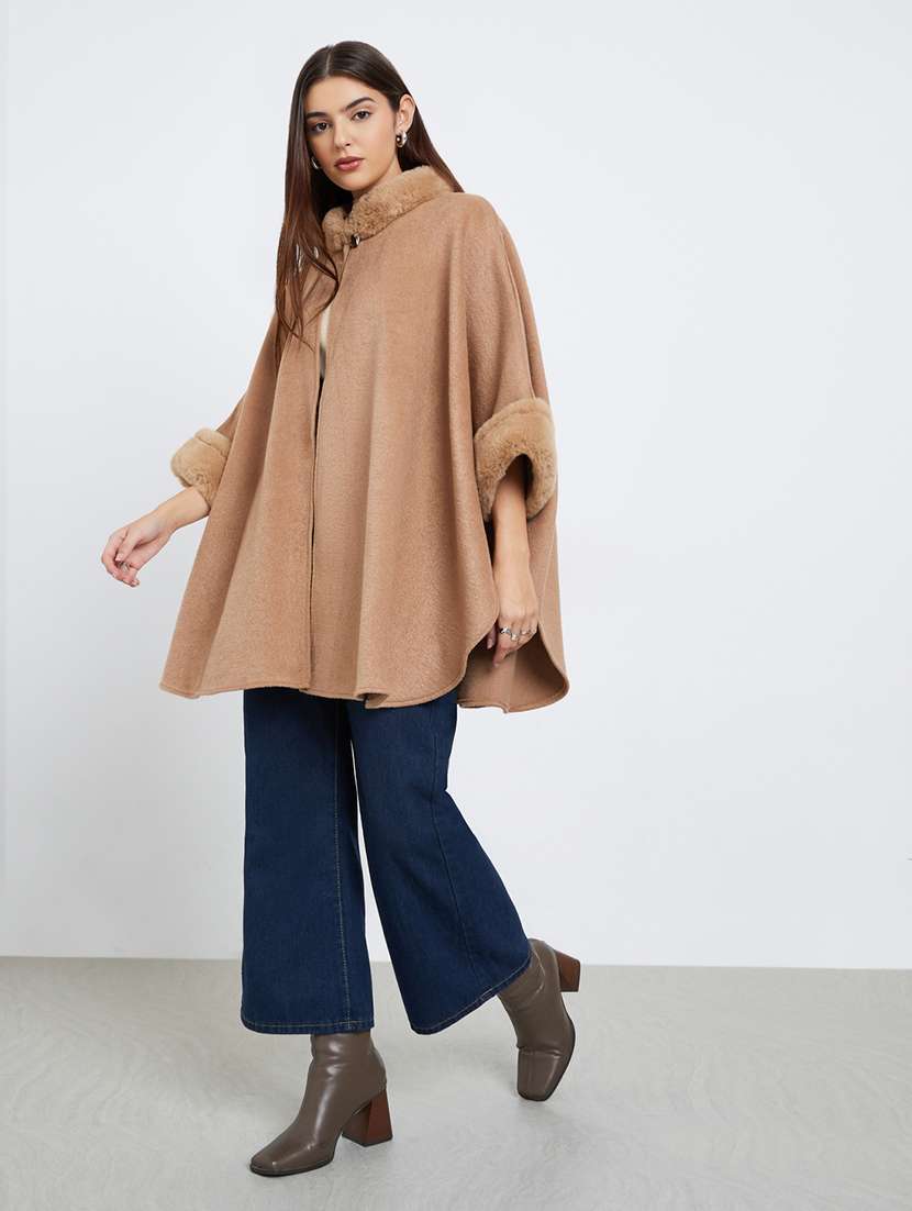 women solid long sleeve fur detailed cape - 22285804 -  Standard Image - 2