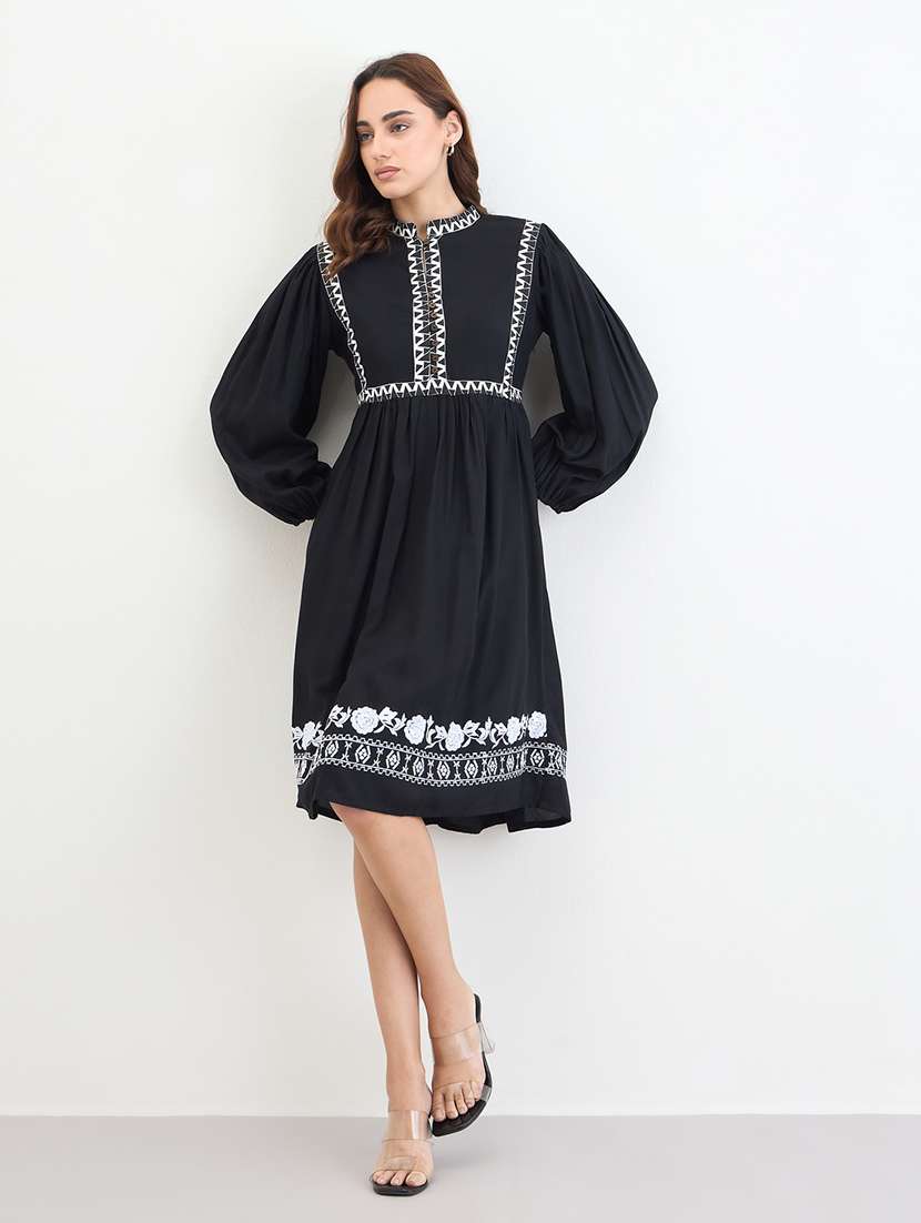 women embroidered puff sleeve fit and flared dress - 22285810 -  Standard Image - 2