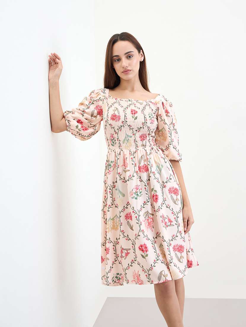 women printed puff sleeve a-line dress