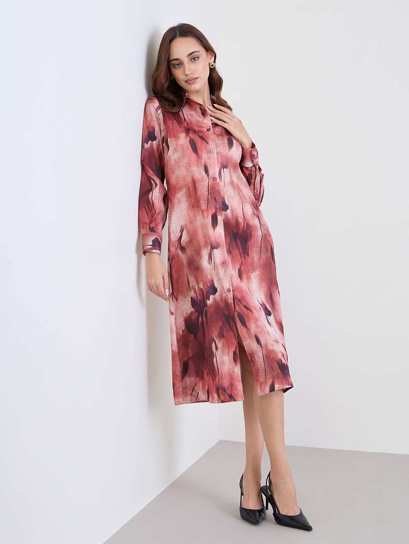 women printed collared long sleeve shirt dress