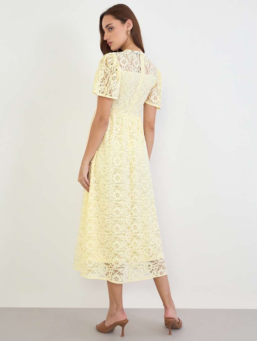 women solid puff sleeve lace fit & flare dress - 22285817 -  Standard Image - 2