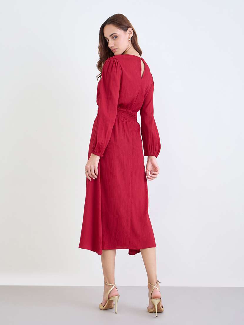women solid puff sleeve a-line dress - 22285819 -  Standard Image - 2