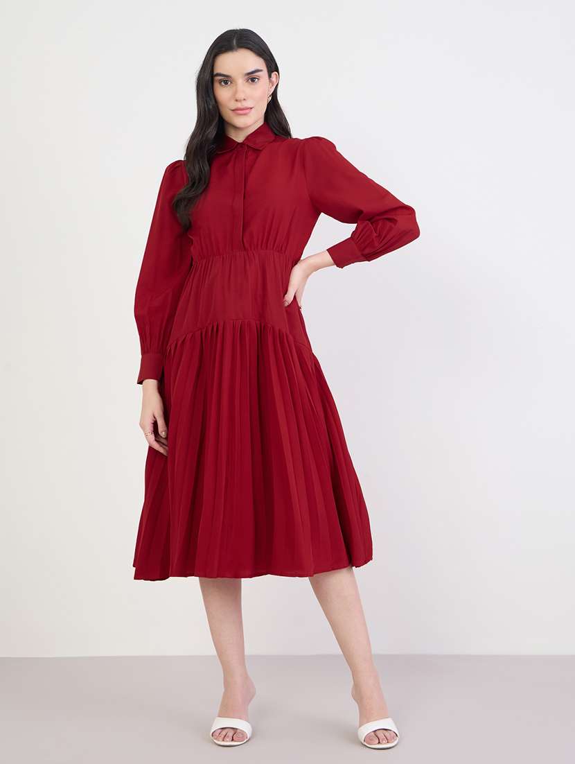 women solid puff sleeve collared tiered dress