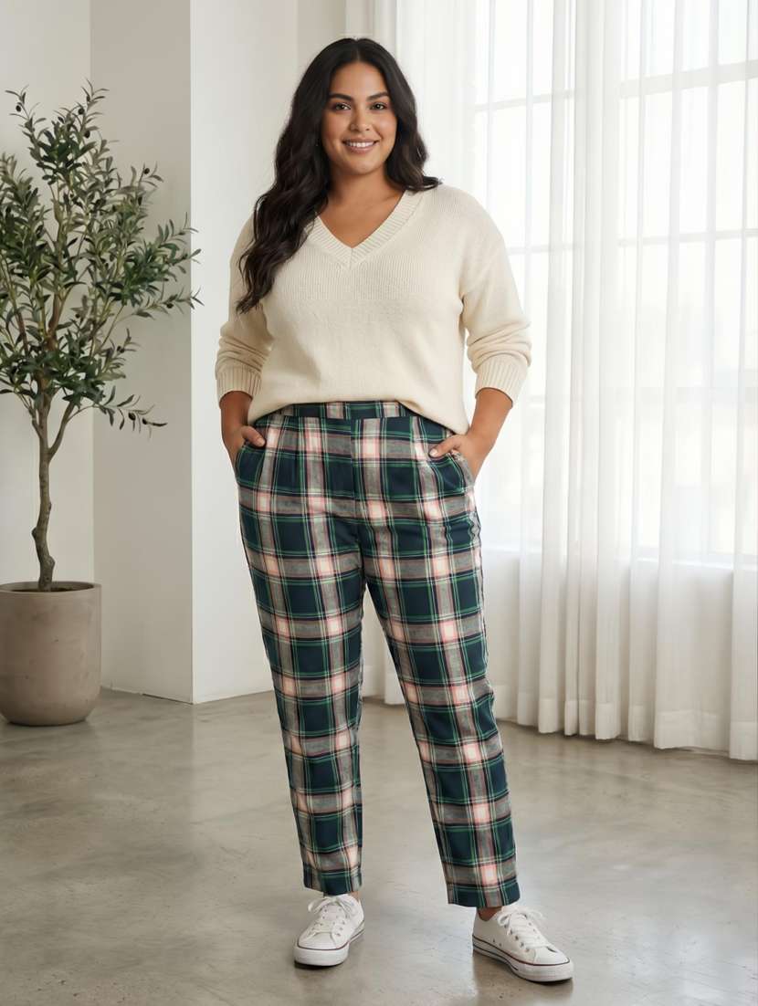 women checkered high risel straight trouser - 22285944 -  Standard Image - 2
