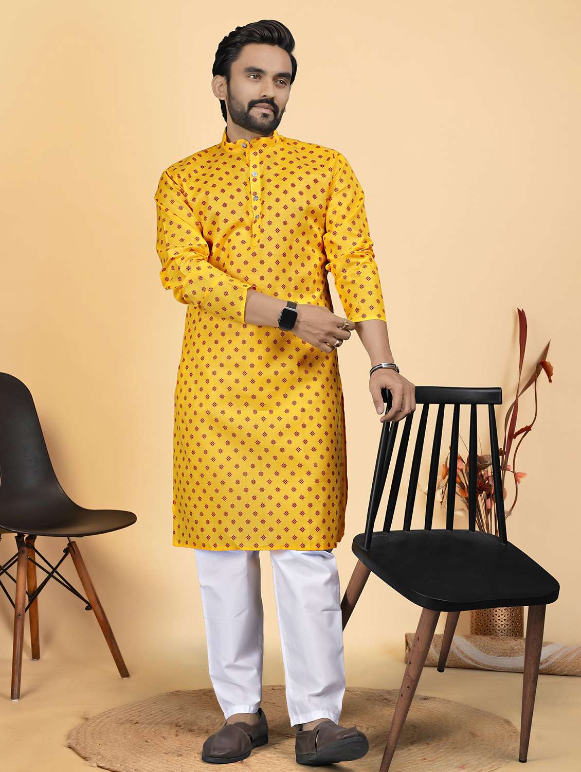men printed mandarin neck long kurta