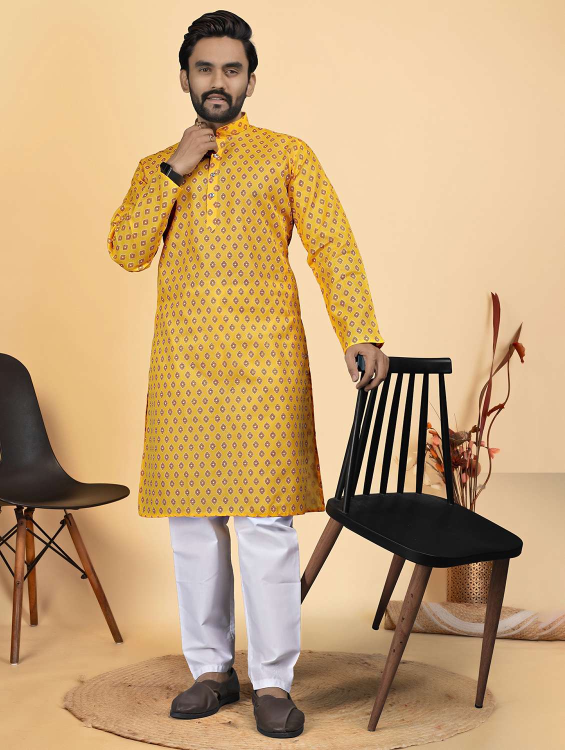 men printed mandarin neck long kurta