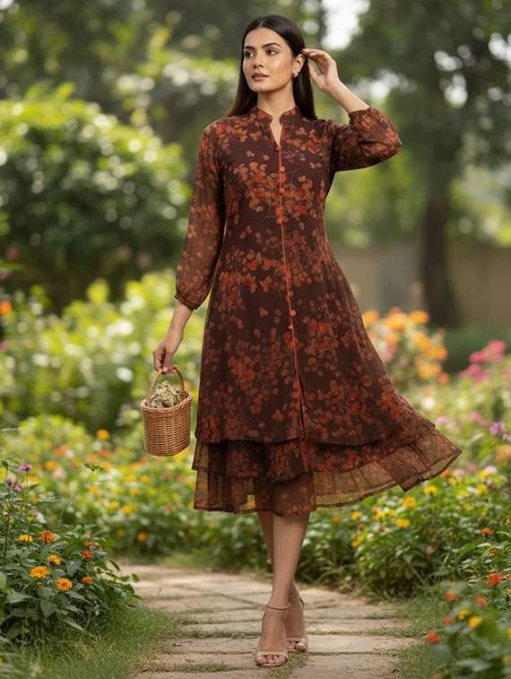 women printed puff sleeve fit & flare dress