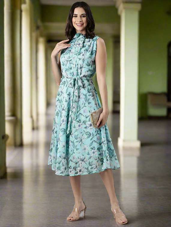 women printed sleeveless fit & flare dress